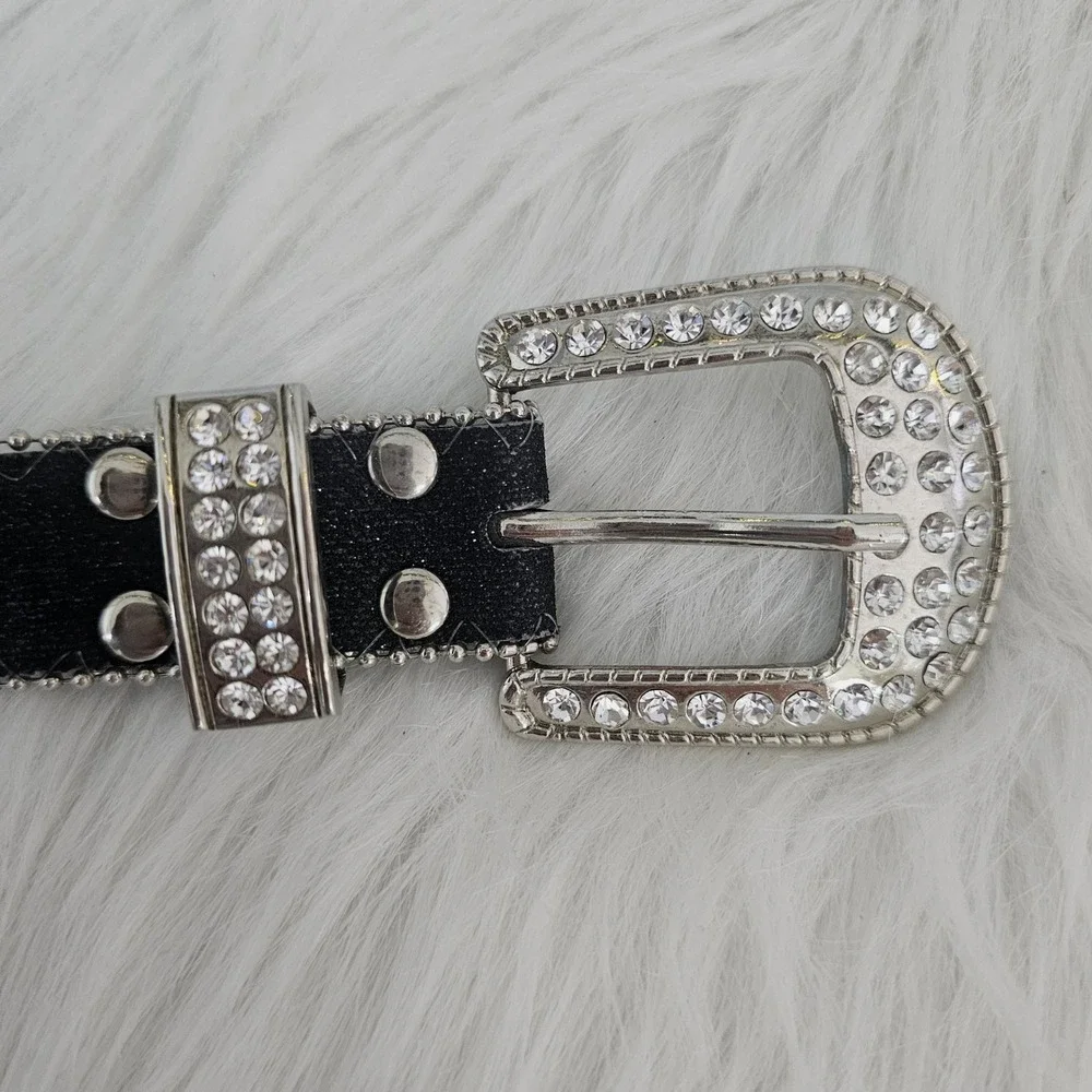 Black Rhinestone Studded Western Belt Silver Buckle Women's Size Small